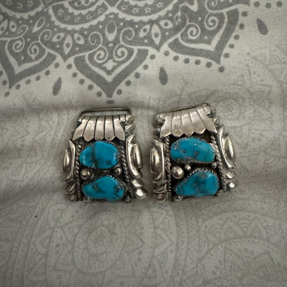 Silver and Turquoise large watch ends signed WE